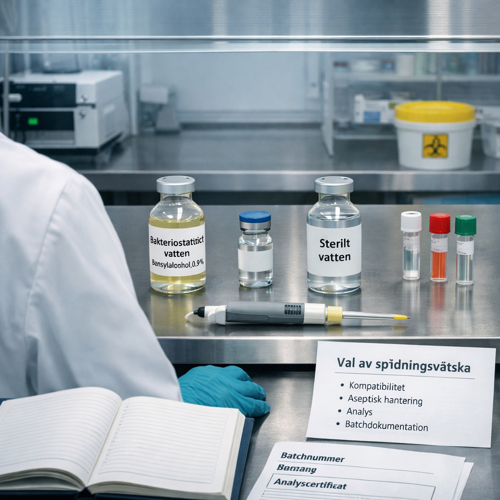 Laboratoriepersonal jämför bakteriostatiskt vatten och sterilt vatten med journal, protokoll och peptidprov i ren miljö.