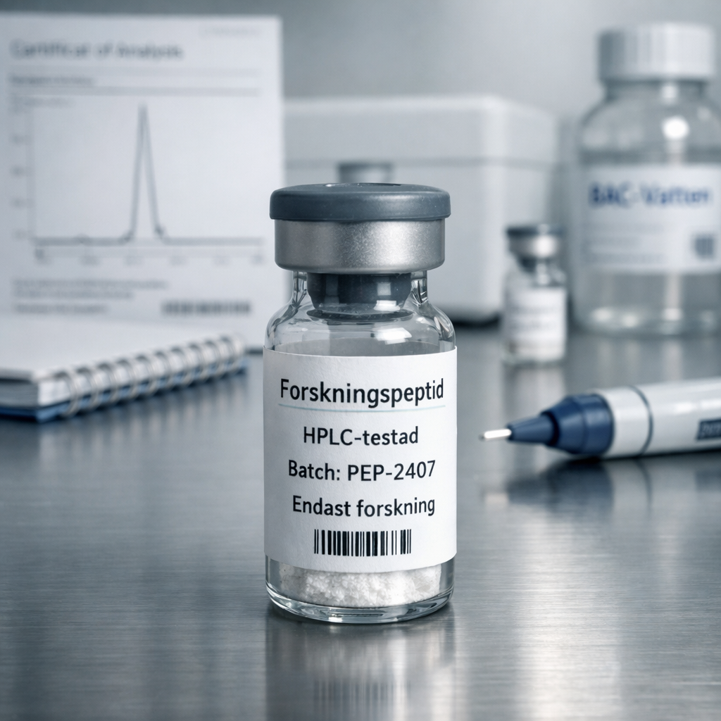 Makrobild av märkt forskningspeptid med HPLC-kromatogram och analyscertifikat; texten ”köpa peptid” syns diskret.