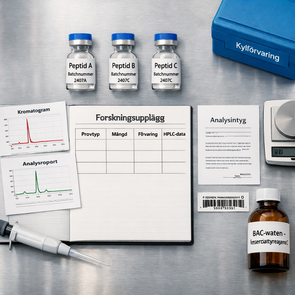 Forskningsupplägg med peptidvialer, HPLC-data, analysintyg och kylförvaring; jämförelse inför att köpa peptid.