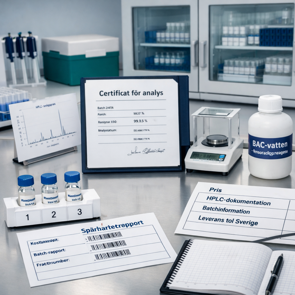 Modernt analyslaboratorium med peptidvialer, HPLC-dokumentation och kostnadsjämförelse för att köpa peptid.
