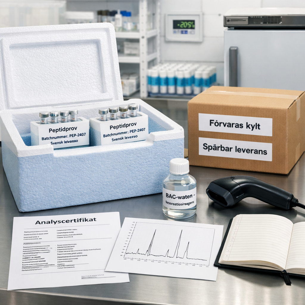 Kylförvaring med spårbara peptidprover, analyscertifikat och HPLC-kromatogram – köpa peptid i svensk leverans.
