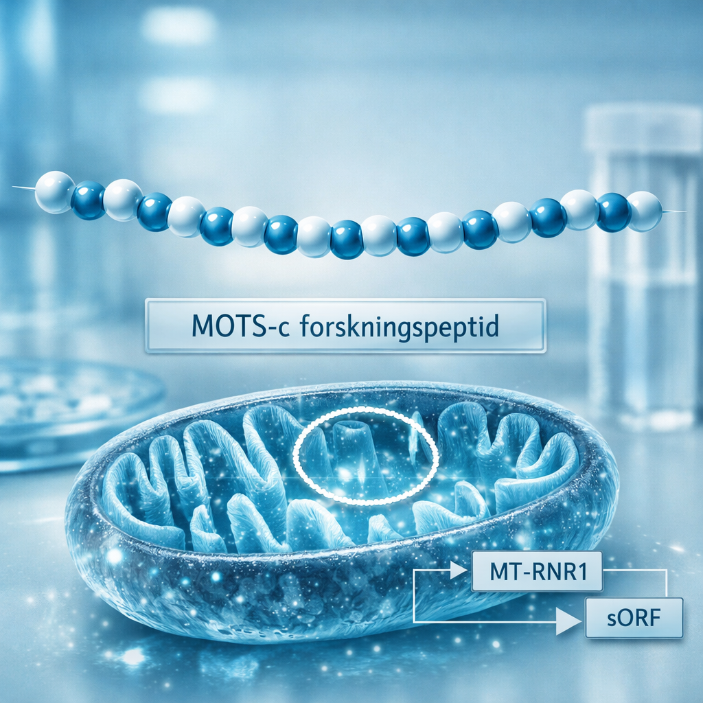 mots c peptide som blåvit peptidkedja ovanför en detaljerad mitokondrie i sterilt molekylärbiologiskt laboratorium.