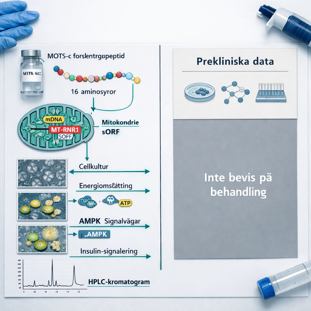 Översiktlig laboratoriekarta för mots c peptide med vial, peptidkedja, mitokondrie, prekliniska data och neutral varning.