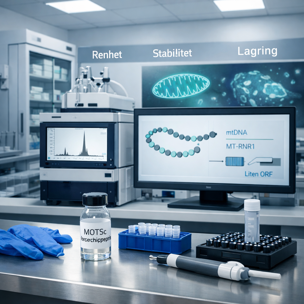 Modernt molekylärbiologiskt laboratorium med HPLC-kromatogram, provrör märkta ”MOTSc forskningspeptid”, lagring och mots c peptide.