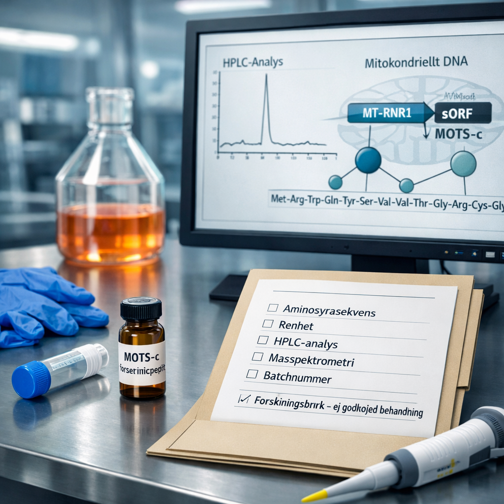 Laboratorium med vial märkt ”MOTS-c forskningspeptid”, analysdokument, HPLC-kromatogram och mitokondrieillustration; mots c peptide.