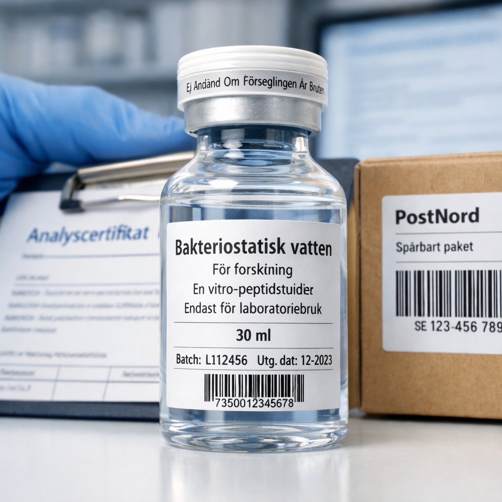 Förseglad laboratorieflaska med svensk etikett, analyscertifikat och PostNord-kartong; sökfras: where to buy bac water for peptides