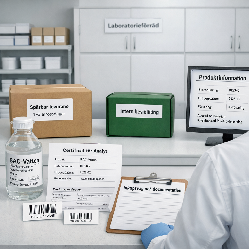 Svenskt laboratorium jämför köpvägar och dokumentation för BAC-vatten – where to buy bac water for peptides.