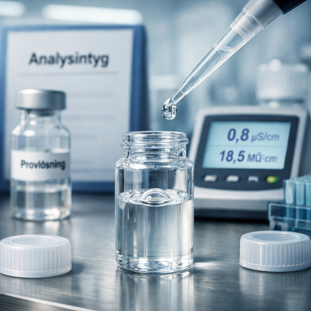 Närbild av pipett som droppar distilled water i en glasvial på laboratoriebänk, med mätare och analysintyg i bakgrunden.