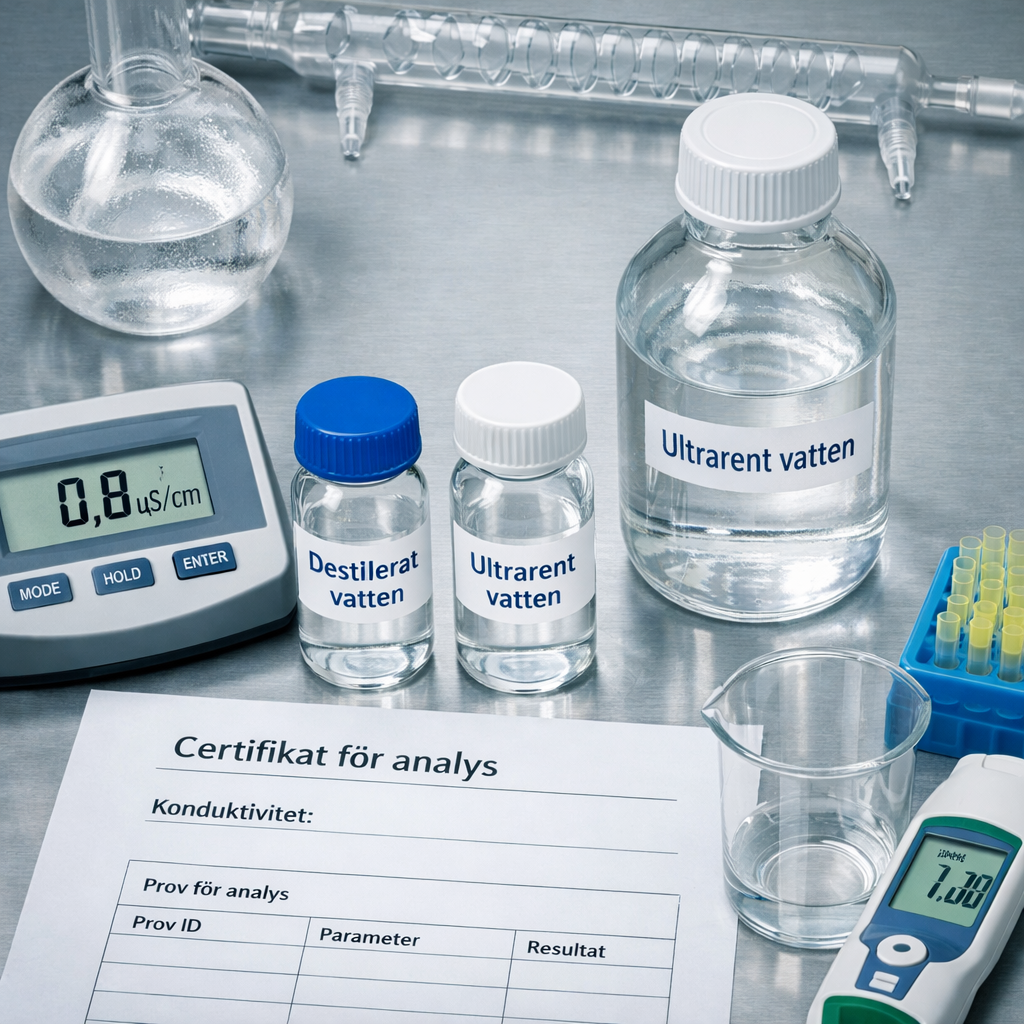 Laboratoriebänk med jämförelse av distilled water och ultrarent vatten, mätare, provvialer och analyscertifikat.