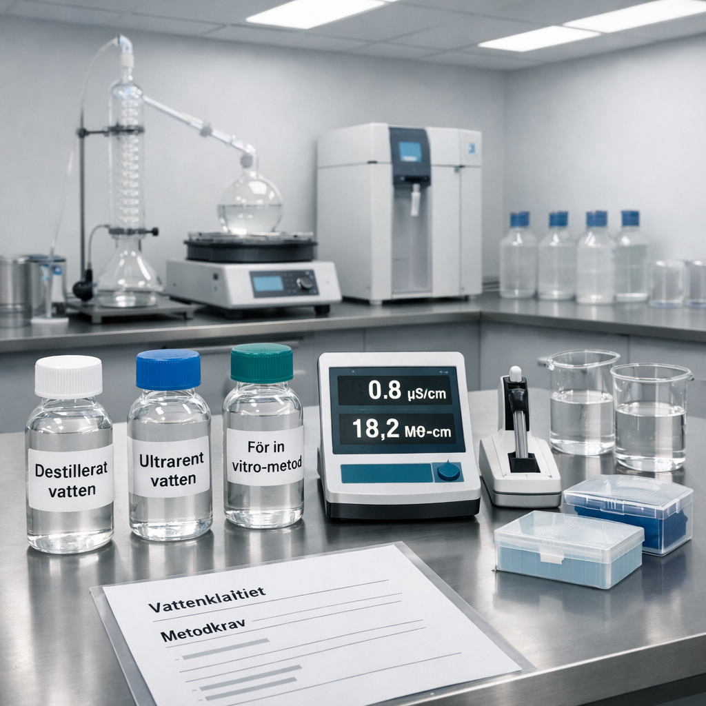 Laboratoriebänk med provflaskor märkta destillerat vatten, ultrarent vatten och för in vitro-metod, samt mätinstrument.