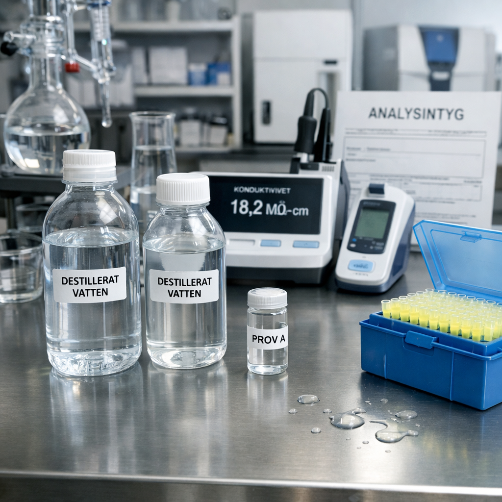 Laboratoriebänk med distilled water, öppna behållare, provvial, pipettspetsar och mätare som visar 18,2 MΩ·cm.