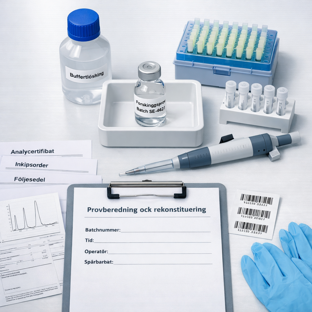 Översikt av spårbar laboratorieberedning av peptider injektion: märkt vial, pipett, provrör, checklistor och dokumentation.