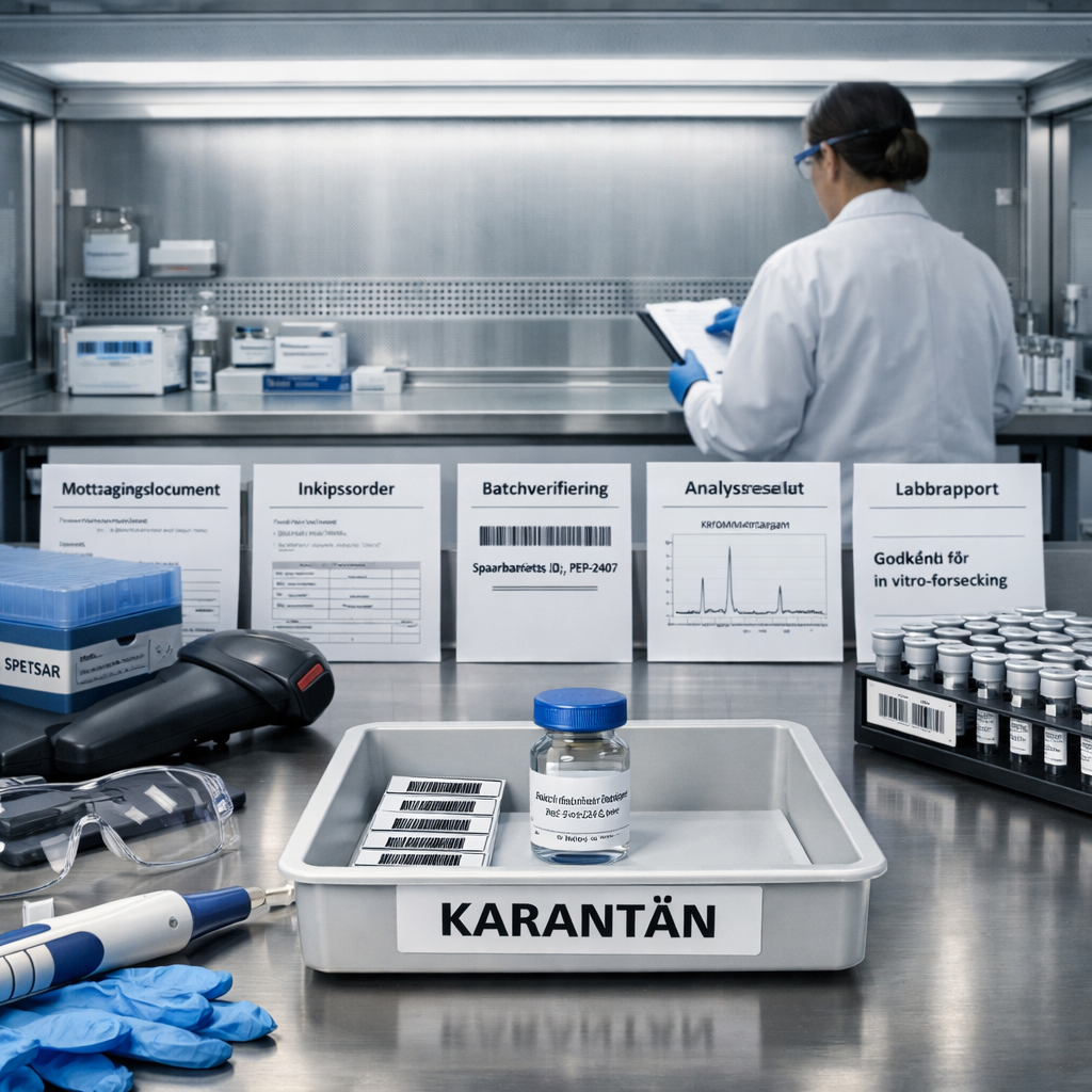 Modernt aseptiskt laboratorium med förseglat peptidprov, spårbar dokumentation och forskare; peptider injektion, ej klinisk användning.