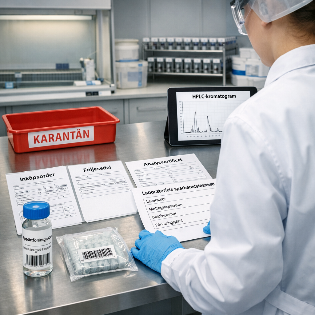 Laboratoriearbetare granskar peptidprov, inköpsdokument och HPLC-kromatogram; märkt vial utan klinikutrustning, peptider injektion