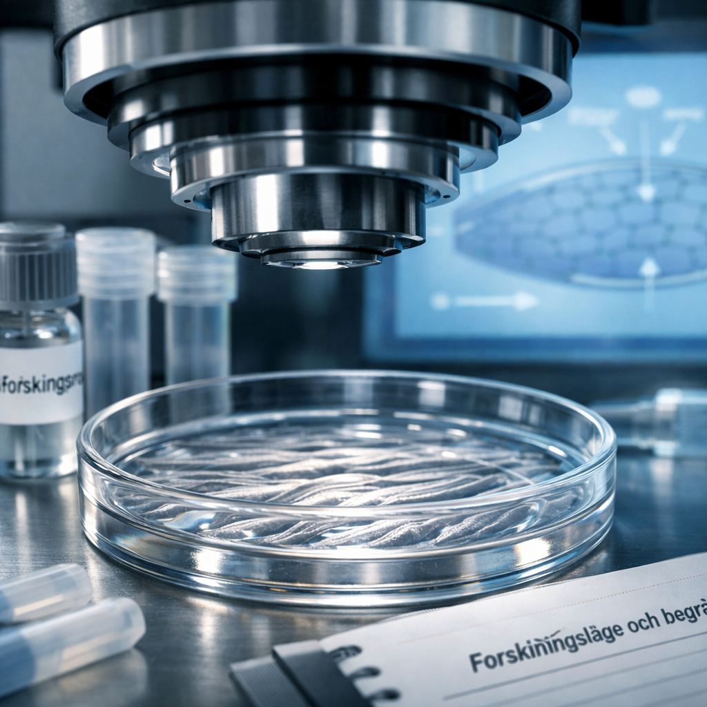 Närbild av odlade muskelceller under mikroskop med provvial och analysmaterial, som granskar peptider muskeltillväxt.
