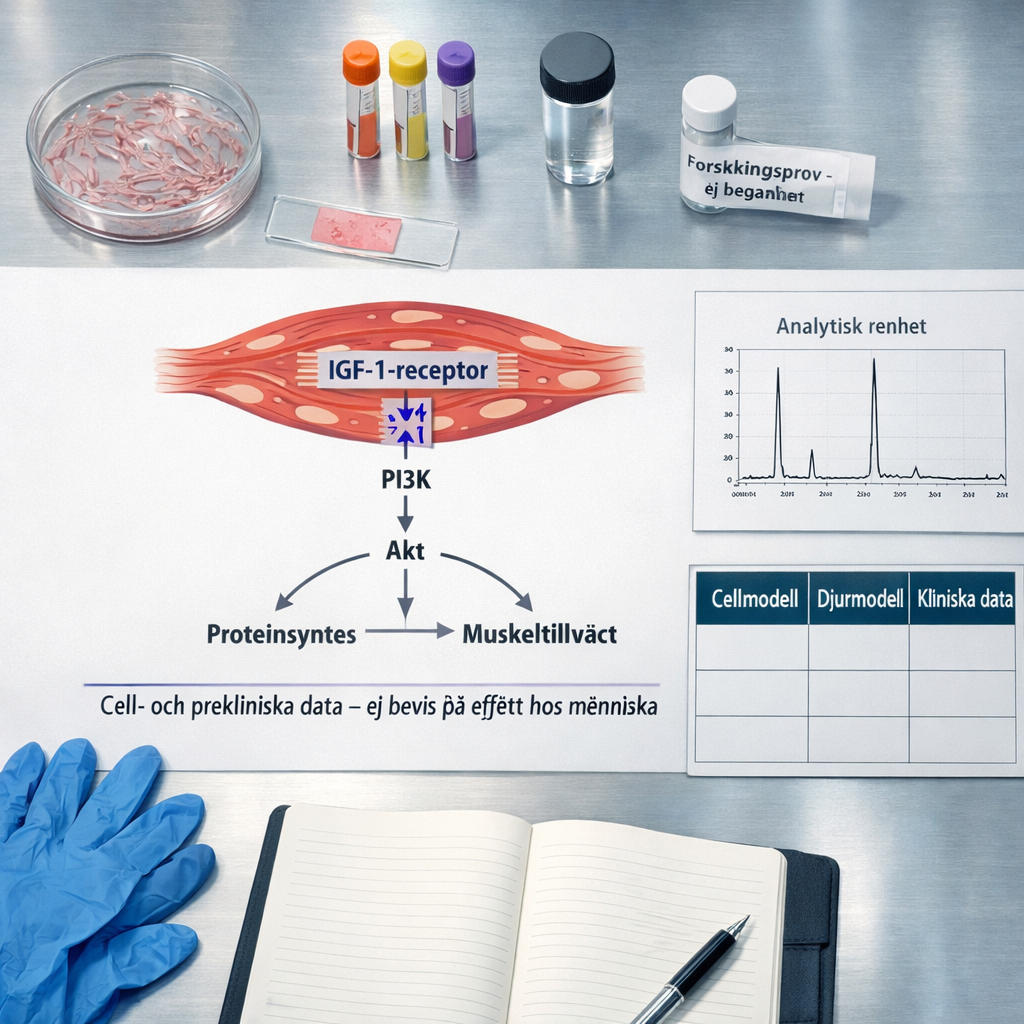 Översikt av biomedicinskt labb med muskelceller, IGF-1-signalering, analysdata och märkta forskningsprover om peptider muskeltillväxt
