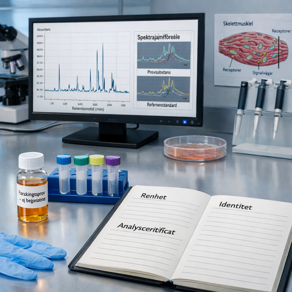 Modernt biomedicinskt labb med vial, analysrör, HPLC-kromatogram och anteckningar om peptider muskeltillväxt.
