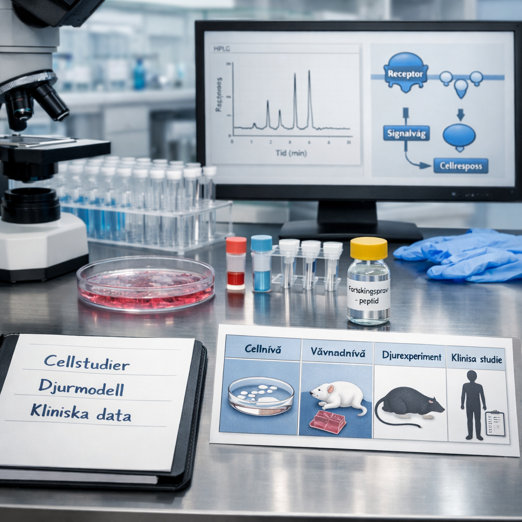 Biomedicinskt labb med muskelceller, analysutrustning och evidenspaneler om peptider muskeltillväxt.