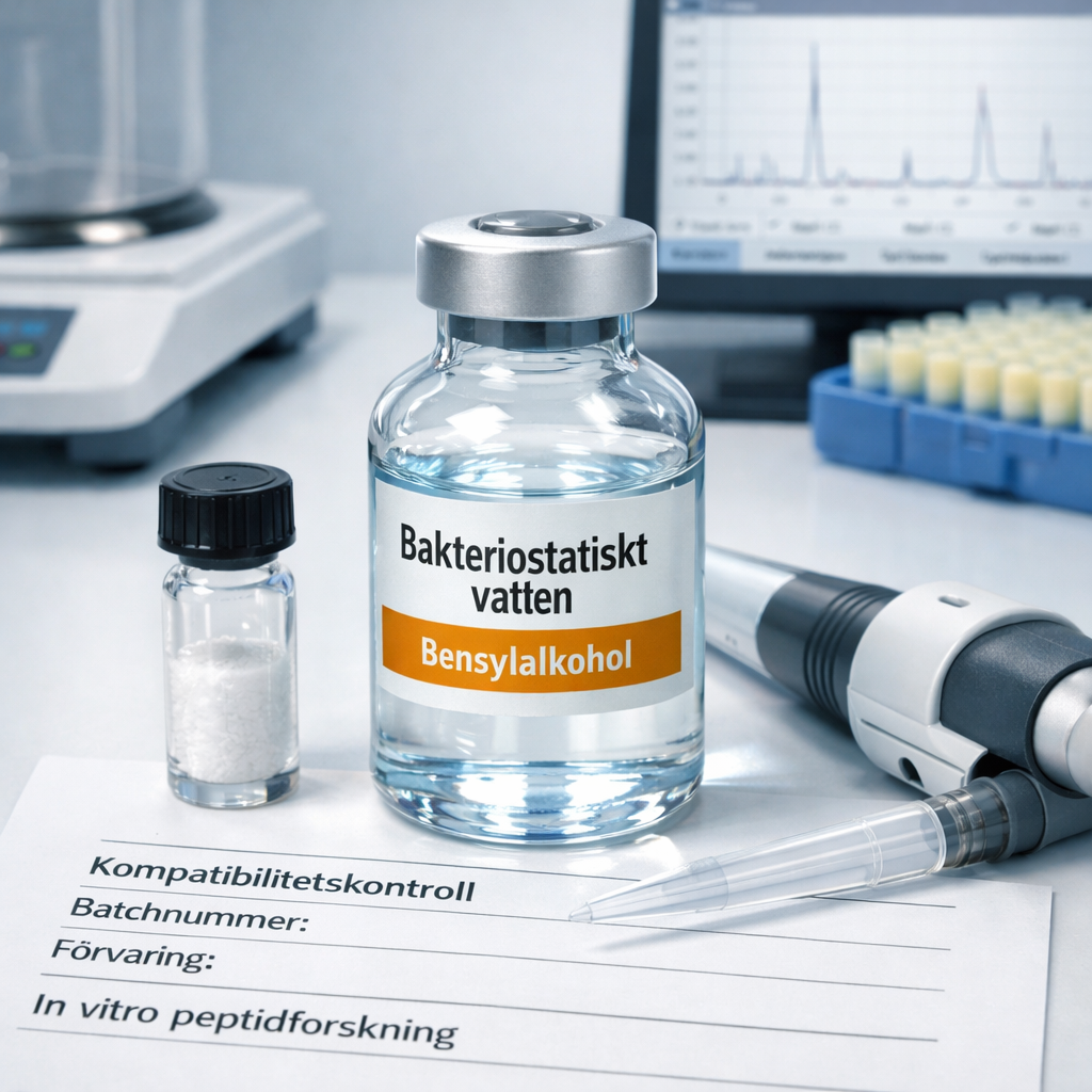 Närbild av steril vial märkt ”Bakteriostatiskt vatten” och ”Bensylalkohol”, pipett och peptidprov; bac water what is it.