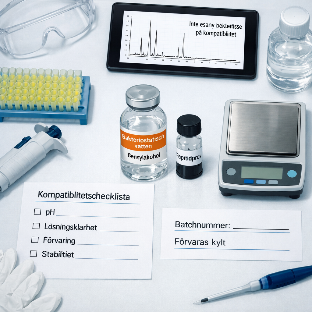 Översikt över peptidkontroll med bakterieostatiskt vatten, checklistor, HPLC och texten ”bac water what is it”.