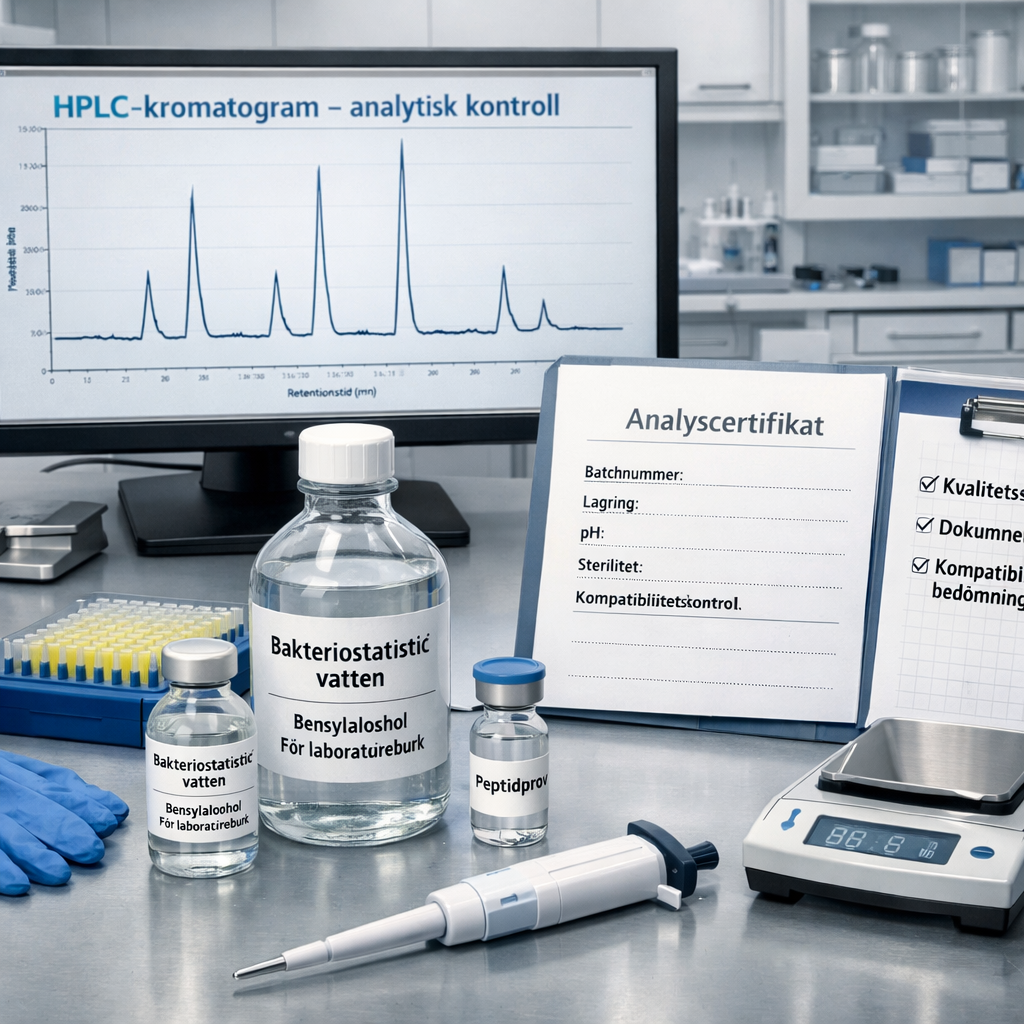 Laboratoriebänk för analys av bakteriostatiskt vatten med HPLC, certifikat och provvial; texten ”bac water what is it”.