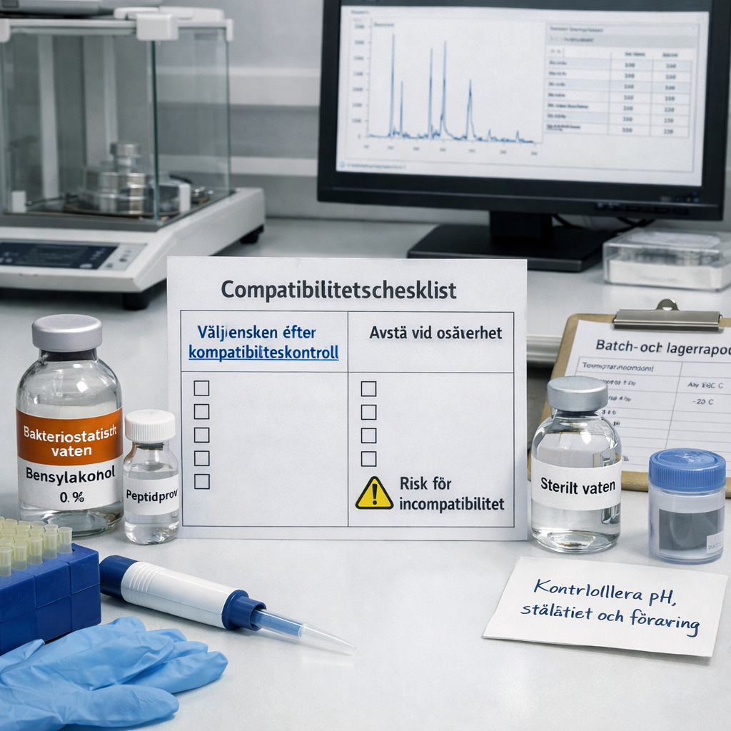 Laboratorium med BAC-vatten, kompatibilitetschecklista och analysdata; texten ”bac water what is it” visas.