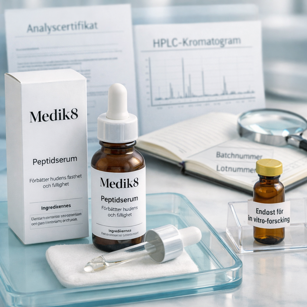 Medik8 peptide-serum och separat forskningsvial med dokument och HPLC-kromatogram på klinisk bricka.