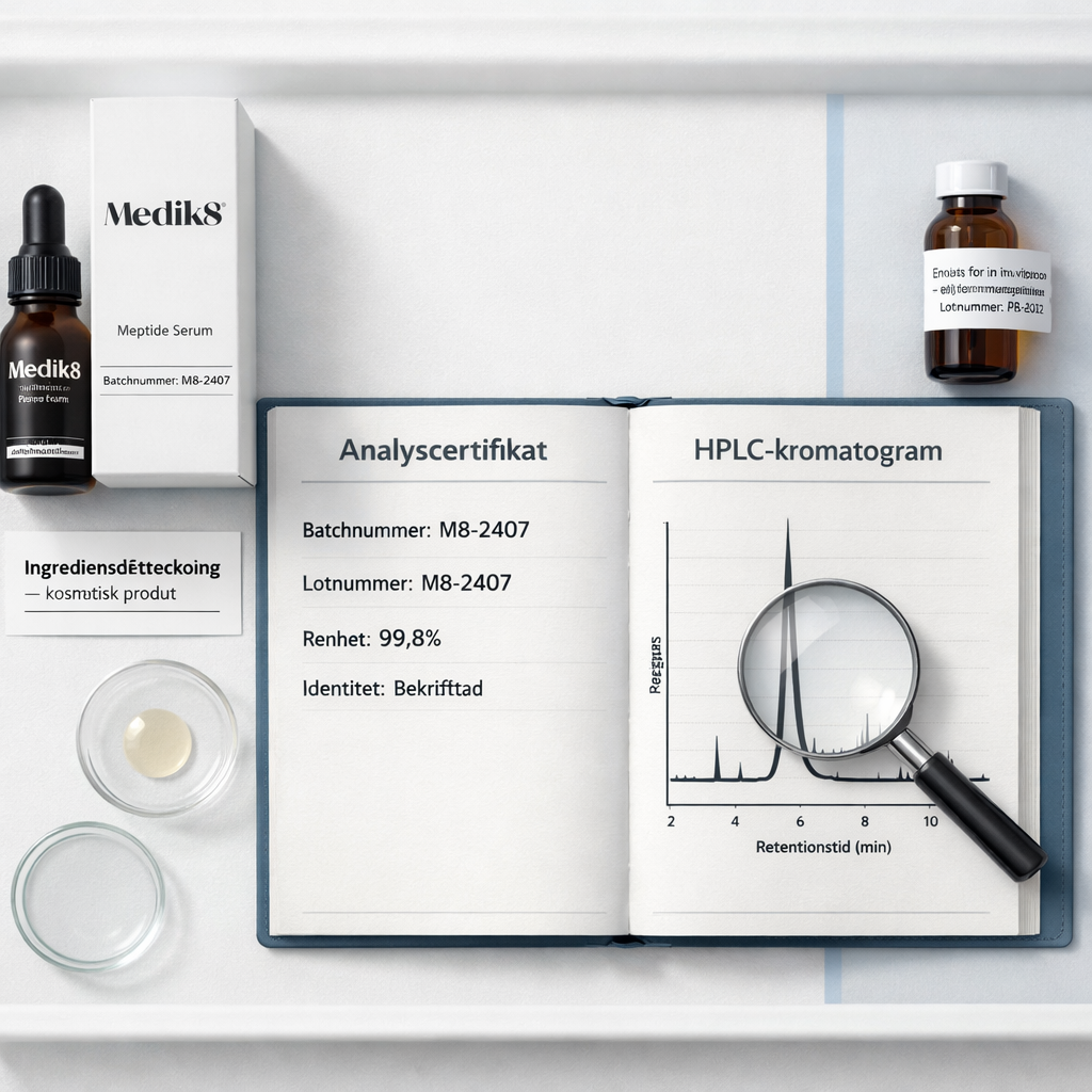 Översikt av medik8 peptide, INCI-kort, forskningsvial, analyscertifikat och HPLC-kromatogram med batch- och lotnummer.