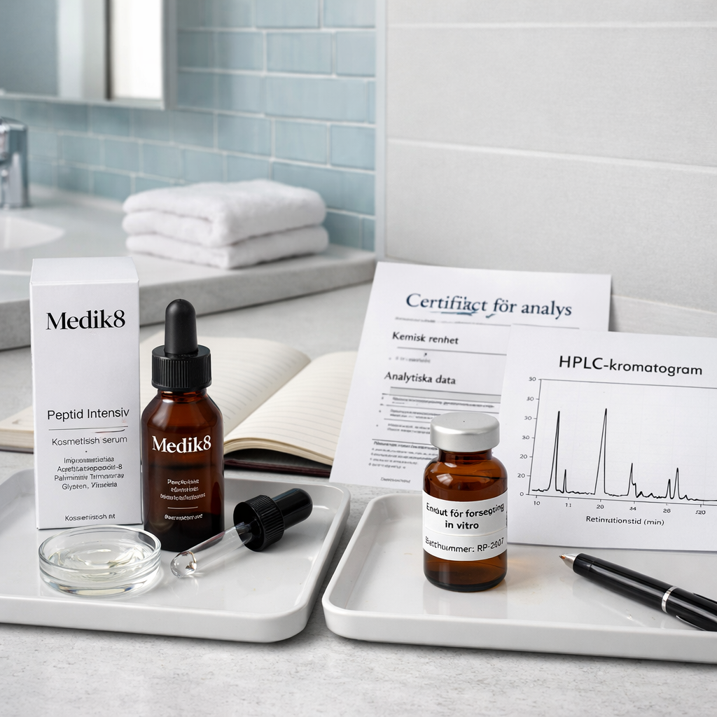 Modern badrumsvanity och analysyta med medik8 peptide-serum, forskningsvial, certifikat och HPLC-kromatogram tydligt åtskilda.