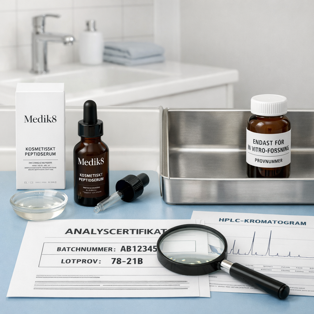 Medik8 peptide-serum och märkt forskningsprov med analyscertifikat, HPLC-kromatogram och batchdokumentation i rent labb.