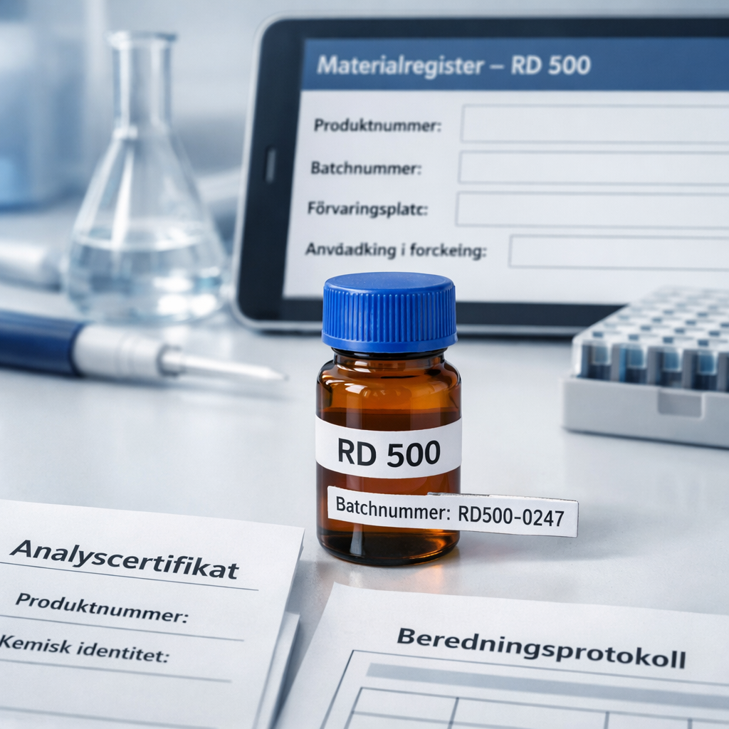 Makrofoto av en amberfärgad provflaska märkt rd 500 och batchnummer, omgiven av svenska laboratoriedokument och utrustning.