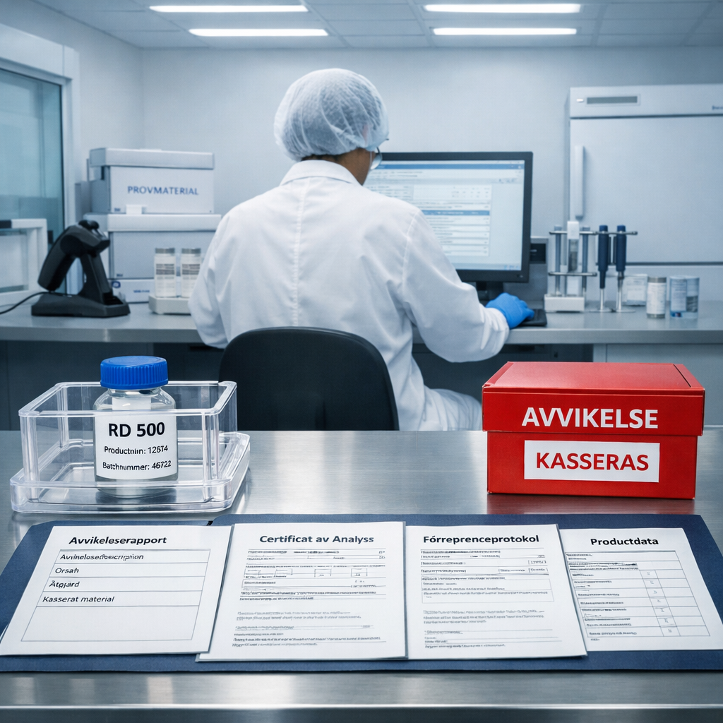 Laboratoriestation med förseglad rd 500-flaska, avvikelsedokument, karantänlåda och monitor med statusen Spärrad.