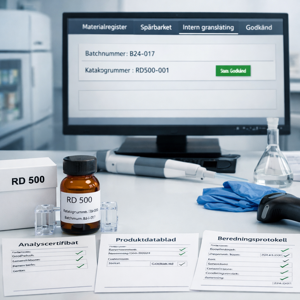 Modernt analyslaboratorium med rd 500-vial, dokumentation och LIMS-skärm som visar spårbarhet och godkänd intern granskning.