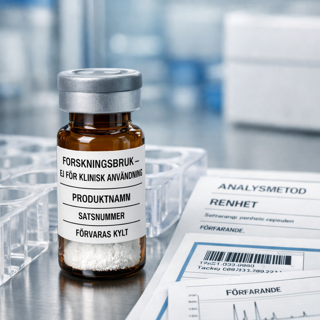 Förseglad forskningspeptidflaska med svensk etikett, analysdokument och kromatogram på ren laboratoriebänk; produkter.