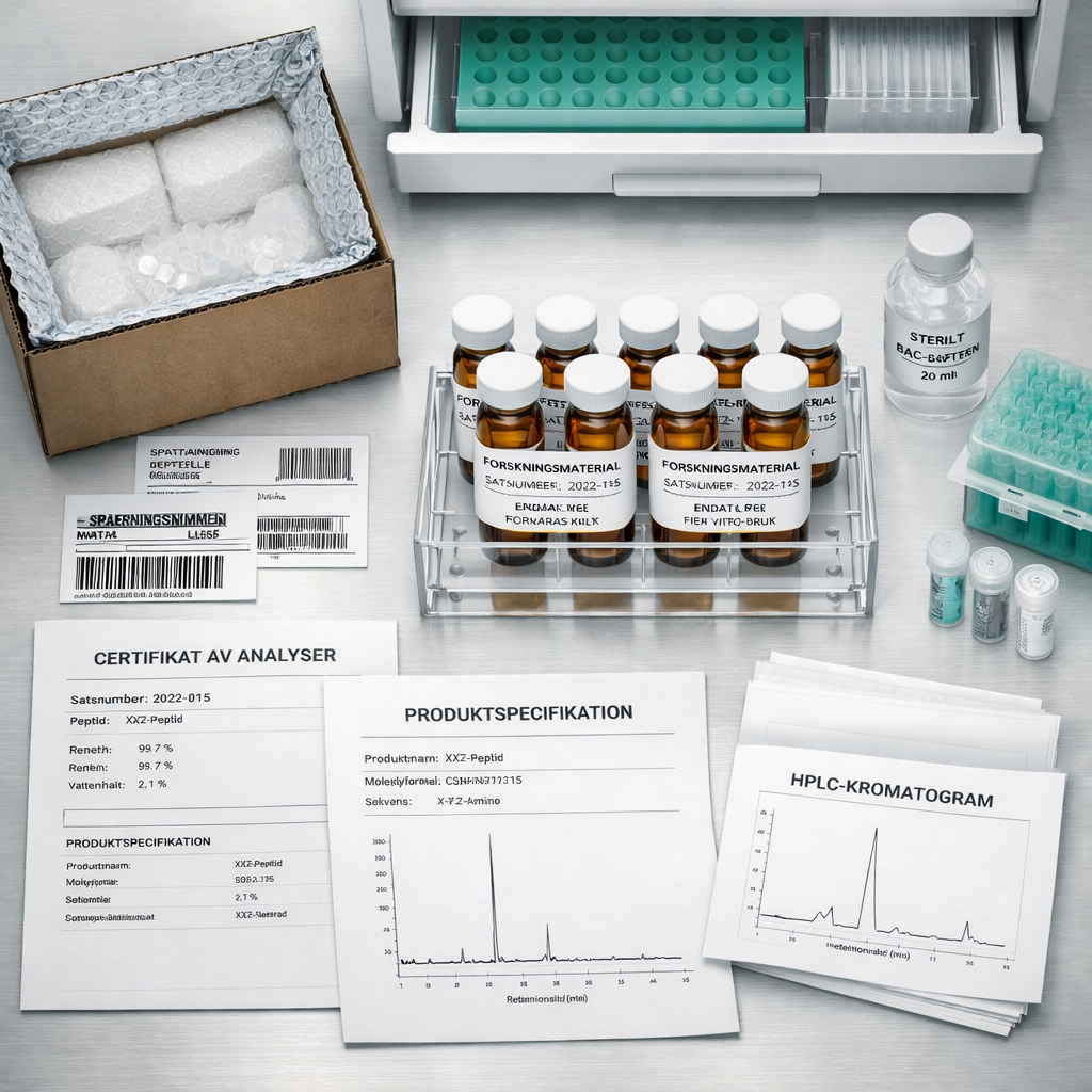 Produkter och märkta peptidvialer på svenskt laboratoriebord med analyscertifikat, fraktdokument och kylförvaring.