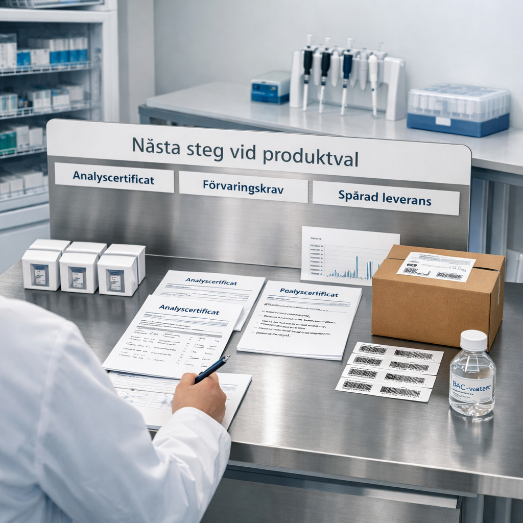 Laboratorium med forskare som jämför produkter, analyscertifikat, förvaringskrav och spårad leverans vid produktval.