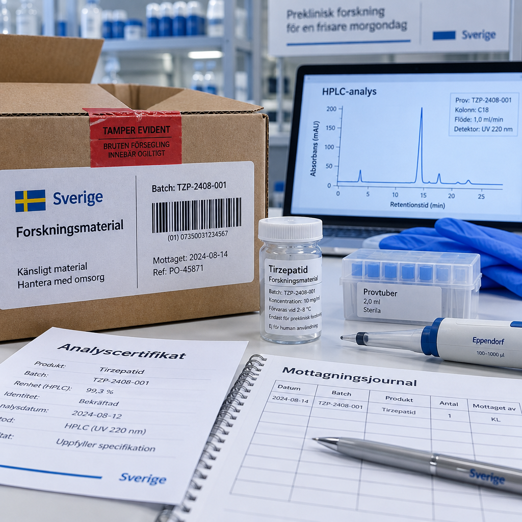 Närbild av svensk forskningsmottagning med tirzepatid, streckkod, analyscertifikat och journal; texten ”tirzepatid köp” syns.