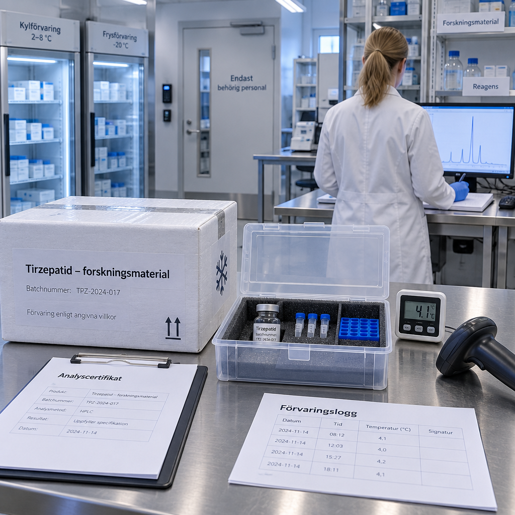 Svenskt prekliniskt laboratorium med provpaket, dokumentation och HPLC-kromatogram; texten nämner tirzepatid köp.