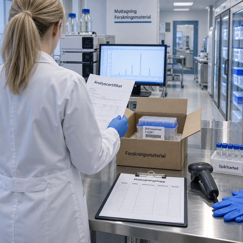 Laboratorieinköp med förseglat forskningsmaterial, spårbarhetsdokument och batchetikett; tirzepatid köp.