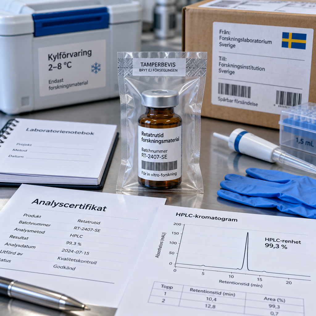 Retatrutid-vial med analyscertifikat, HPLC-kromatogram och spårbarhetsdokument i laboratorium; retatrutide köp.