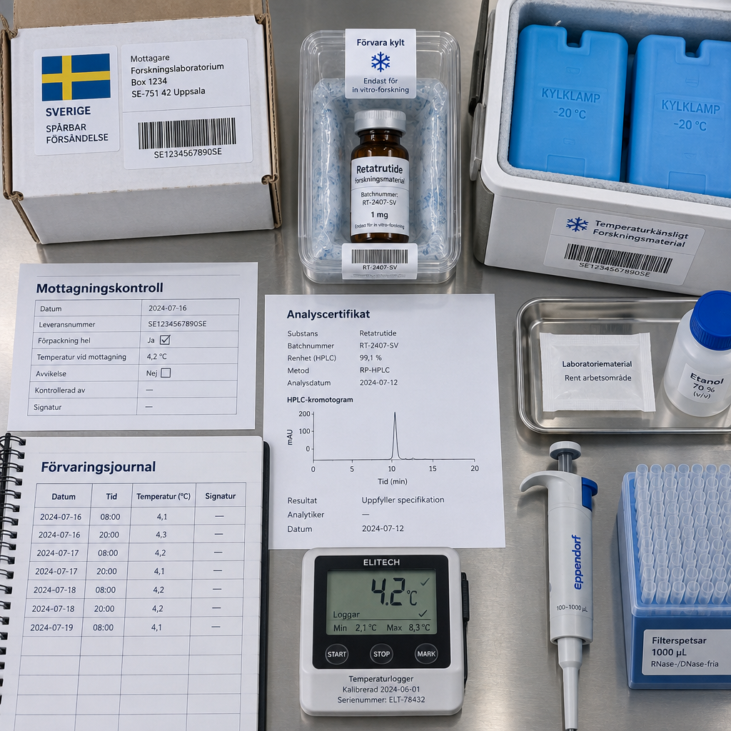 Översikt av svenskt laboratorium med retatrutide köp, förseglat prov, kylförvaring, temperaturmätare och analysdokument.