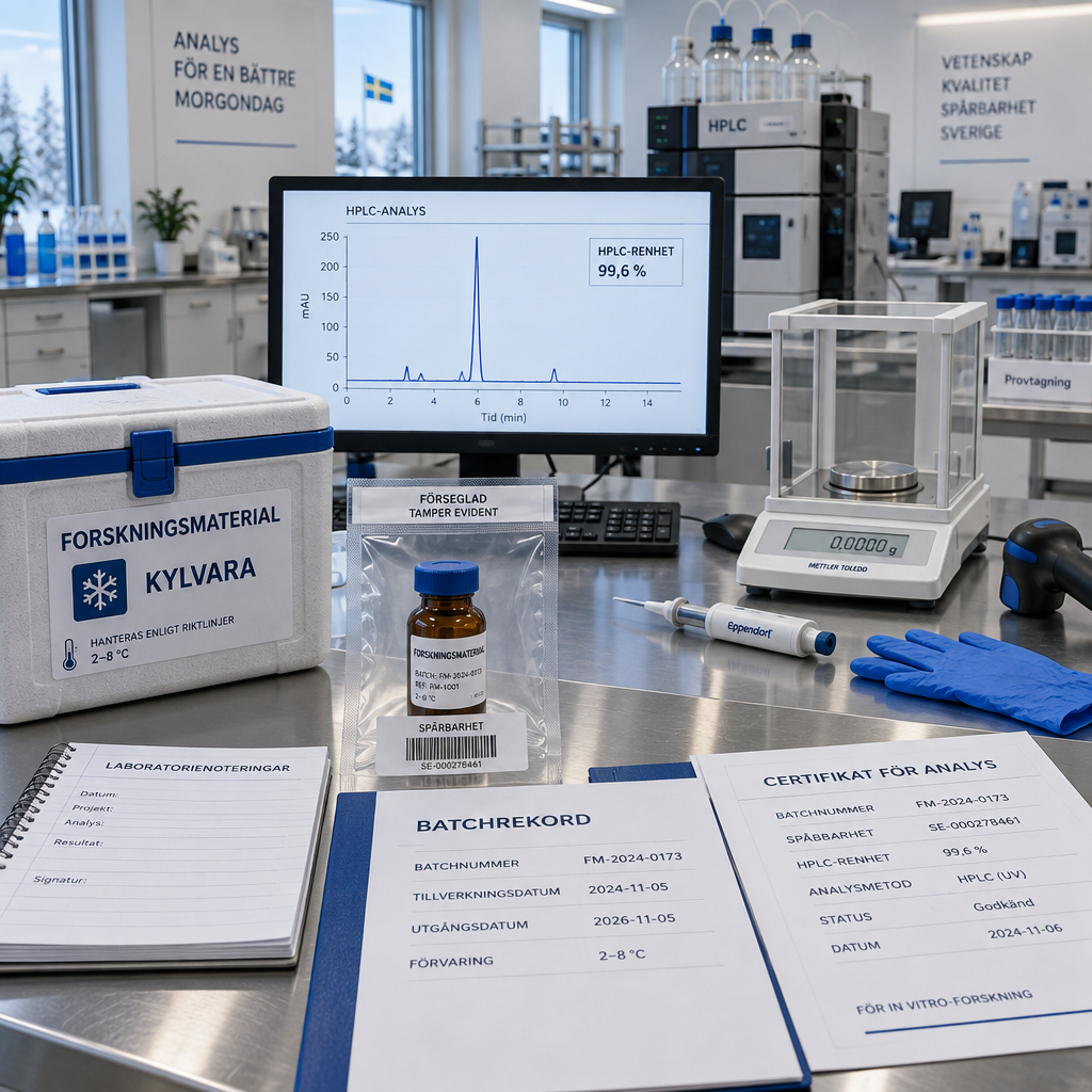 Svenskt analyslaboratorium med retatrutide köp-vial, spårbarhetsdokument, HPLC-kromatogram och kylförvaring.