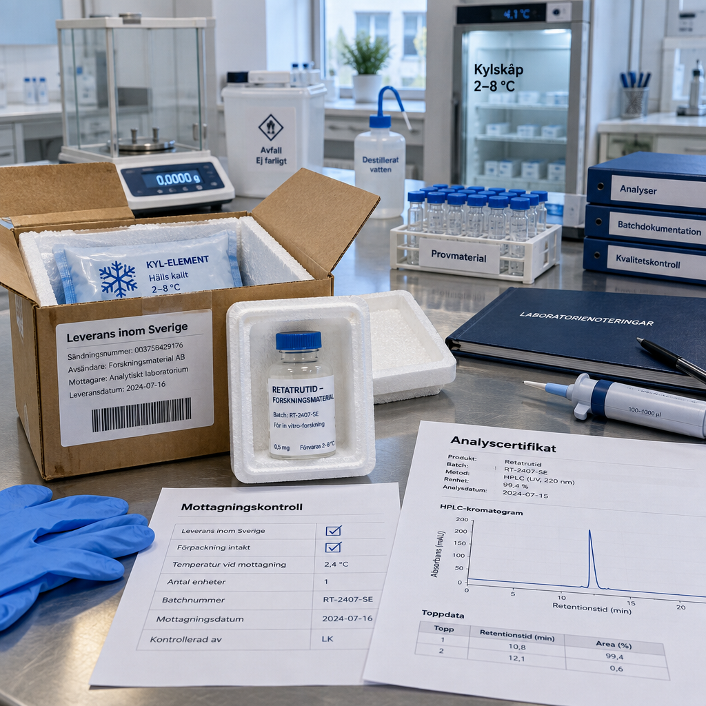 Retatrutide köp: laboratorieprov med spårbar etikett, analyscertifikat och kylförpackning på rostfri arbetsbänk.