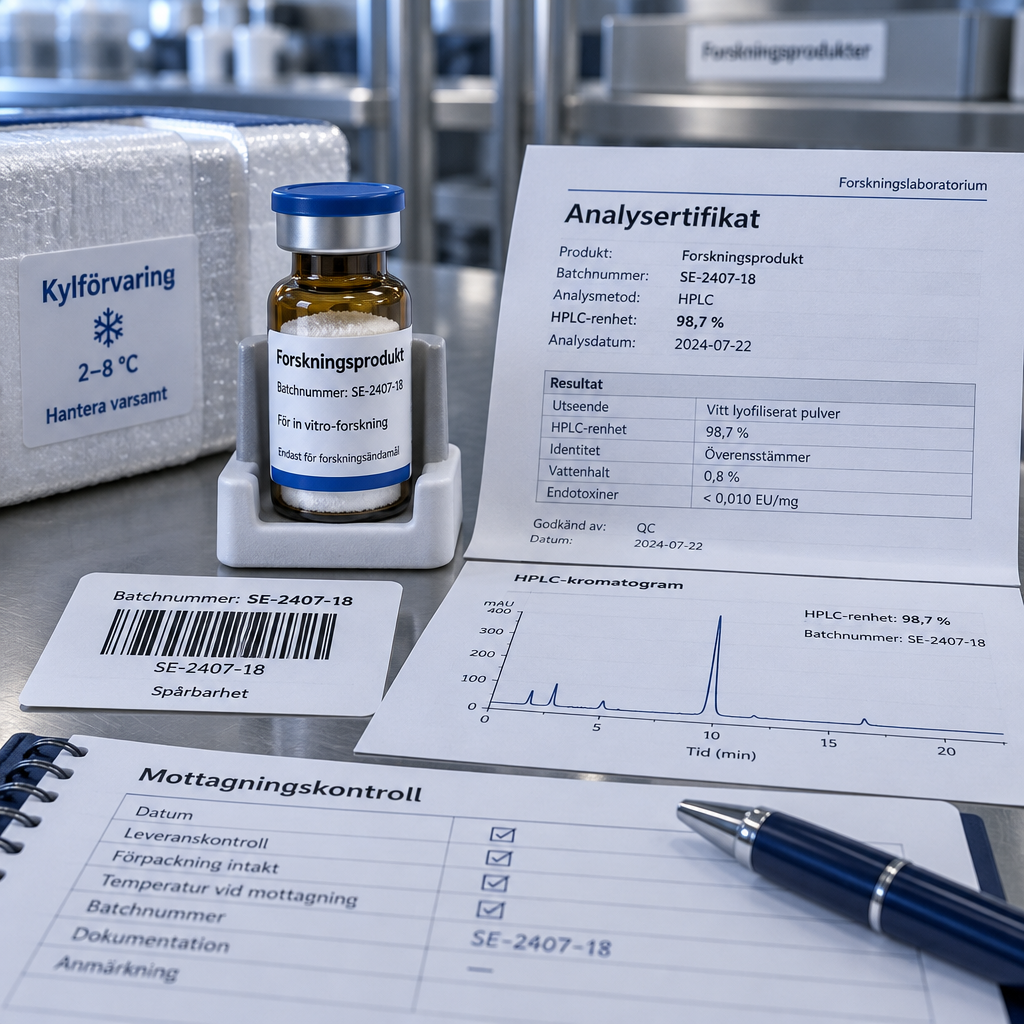 Närbild av märkt peptidprov med analyscertifikat, kromatogram och spårbarhetsdokument; texten ”köpa peptider online” syns.