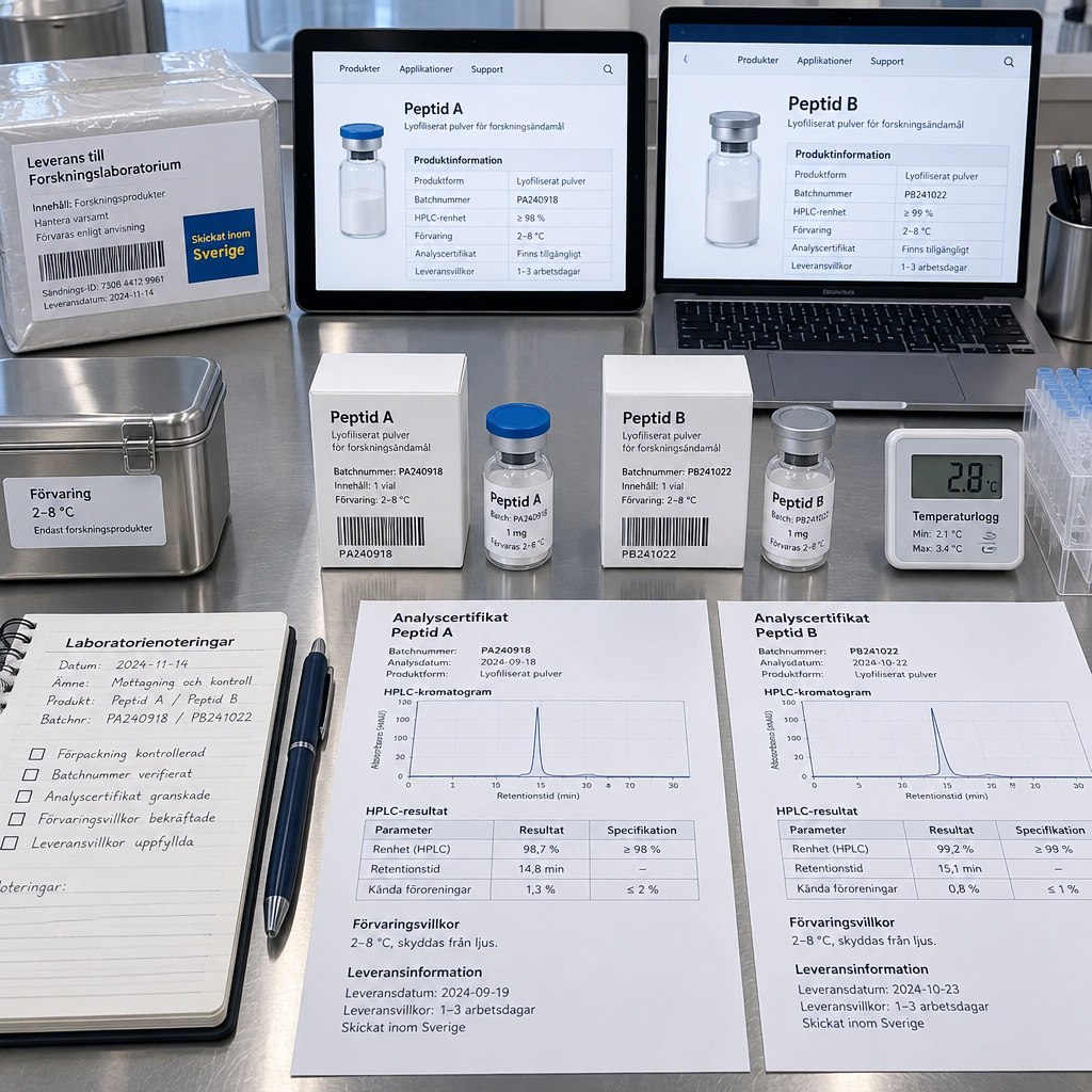 Översikt av laboratoriebänk med matchade peptidvialer, batchcertifikat och svenska produktsidor för att köpa peptider online.