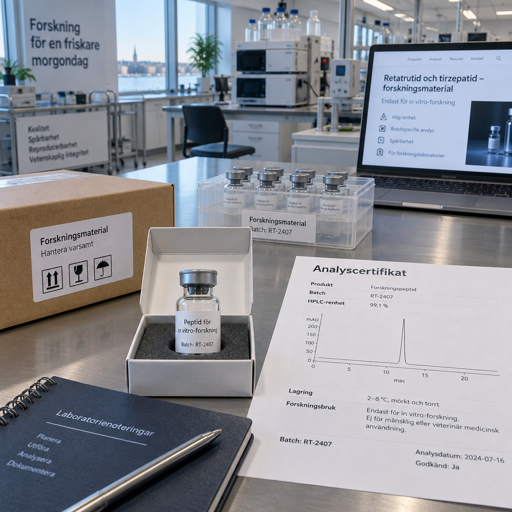 Svenskt analyslabb med märkt forskningsvial, batchkopplat analyscertifikat och skärmtexten ”köpa peptider online”.