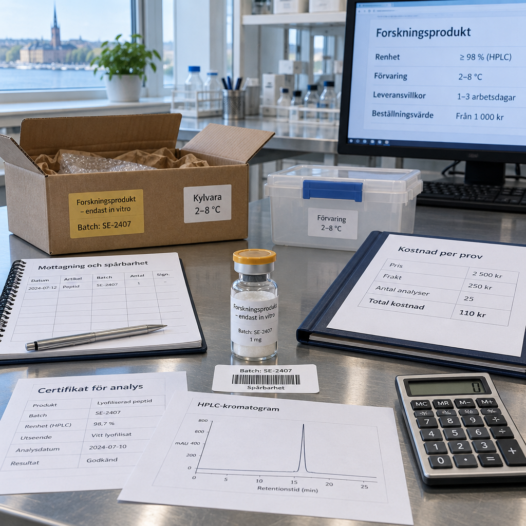 Laboratoriemottagning med peptidprov, kostnadstabell och spårbarhetsdokument; skärm visar köpa peptider online.