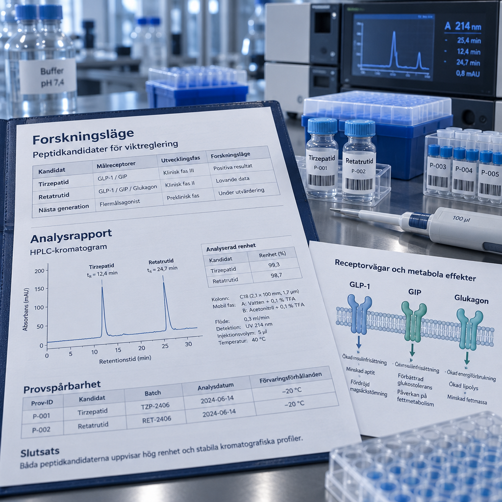 Analysrapport och HPLC-kromatogram för peptider viktminskning med märkta forskningsprover på laborationsbänk.