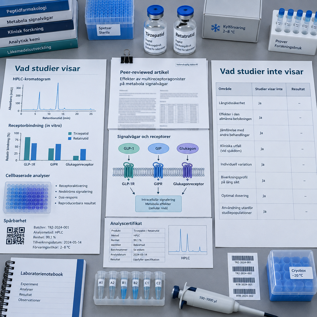 Översikt av peptider viktminskning: forskningsdossier med HPLC, receptordiagram, provvialer och blad om studiers begränsningar.
