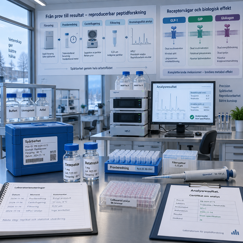 Modernt biokemiskt laboratorium med Tirzepatide, Retatrutide, provberedning, förvaring och peptider viktminskning.